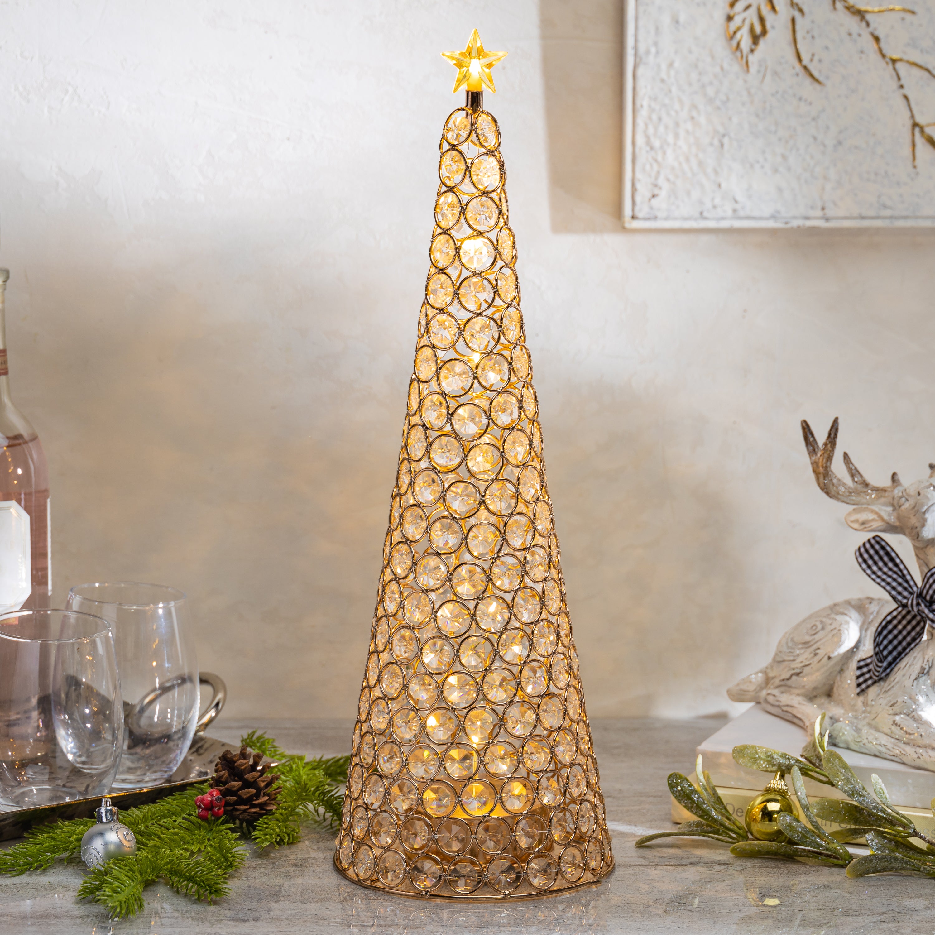 Elegant Glam Holiday Gold Lighted Jewel Cone Christmas Tree